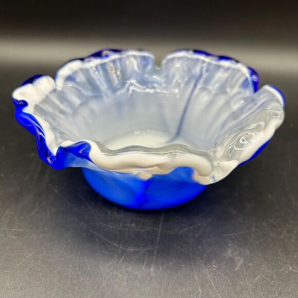 Vintage Cobalt Blue and White Slag Glass Ruffled Edge Bowl 6” - Picture 2 of 6